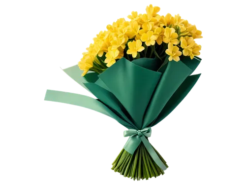 bright yellow flowers, bouquet arrangement, wrapped with green ribbon, delicate petals, soft focus, morning light, 3/4 composition, shallow depth of field, warm color tone, cinematic lighting, gentle 