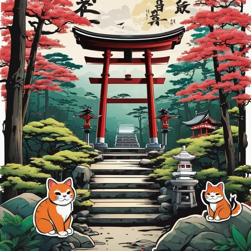 torii,cool woodblock images,kyoto,inari,foxes,japanese icons,senbon torii,tsukemono,travel poster,japanese shrine,lucky cat,kitsune,japanese background,kiyomizu,defense,japan,woodblock prints,akita inu,fushimi inari shrine,miyajima,Unique,Design,Sticker