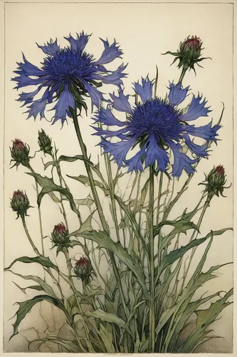 perennial cornflowers,cyanus cornflower,cornflowers,cornflower,new york aster,chicory,blue daisies,love-in-a-mist,blue chrysanthemum,china aster,cornflower field,new england aster,verbena family,blue flowers,asters,borage family,winter aster,aster tongolensis,vintage botanical,blue petals,Illustration,Retro,Retro 25