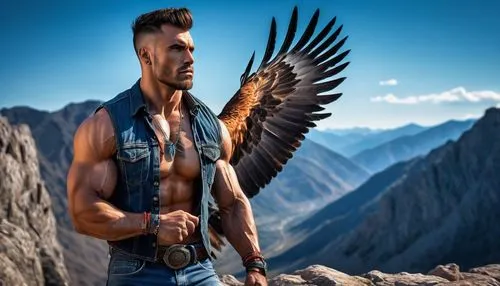 muscular man, hawk forearm tattoo, detailed feathers, sharp talons, bold lines, vibrant colors, sleeveless shirt, rugged jeans, strong jawline, intense gaze, outdoors, mountain range, rocky terrain, c