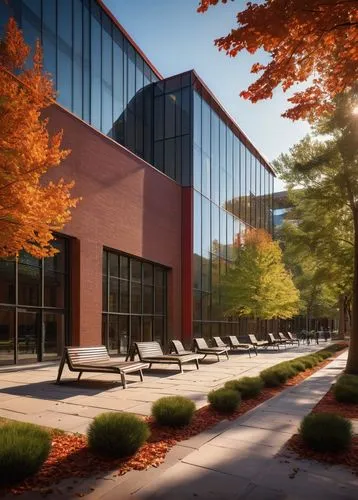 Modern university campus, America's top architecture and design schools, 2017-18, students walking, laptops and portfolios in hand, brick red buildings with large glass windows, sleek metallic structu