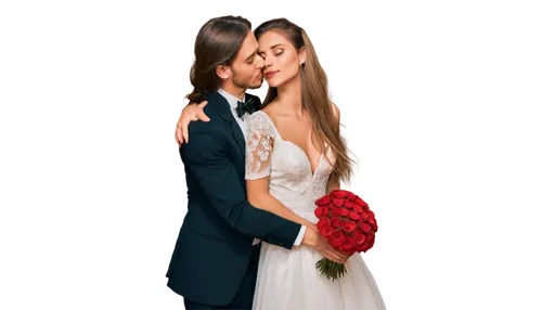 Romantic couple, embracing, kissing, tender moment, beautiful eyes, soft facial expression, gentle smile, flowing long hair, elegant makeup, white wedding dress, black tuxedo, bouquet of red roses, ch