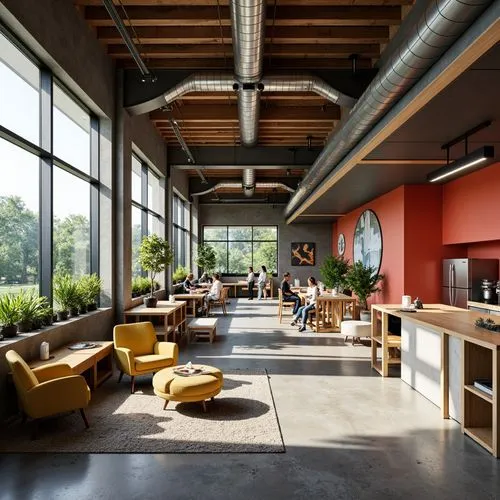 modern office,loft,daylighting,lofts,contemporary decor,teahouses,gensler,the coffee shop,mid century modern,modern decor,creative office,breakfast room,interior design,corten steel,wooden beams,concrete ceiling,lunchroom,collaboratory,interior modern design,offices