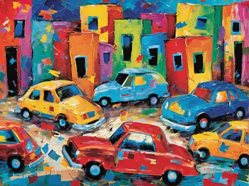 colorful city,city car,cinquecento,automobiles,fiat 500 giardiniera,taxicabs,yellow taxi,toy cars,tata nano,cars,italian painter,fiat500,fiat 500,yellow car,cabs,1000miglia,art painting,oil painting on canvas,city blocks,peel p50,Conceptual Art,Oil color,Oil Color 20