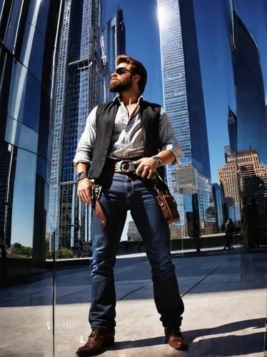 male, photographer, Dallas, Texas, USA, urban cityscape, skyscraper, modern architecture, steel and glass building, reflection in windows, busy street, people walking, camera equipment, professional a