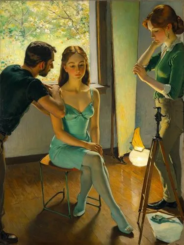 A model is being prepared by Edgar Degas for the next painting.,an image of a painting of people getting dressed,muyres,the long-hair cutter,vettriano,jasinski,feitelson,hairdresser,Art,Classical Oil 