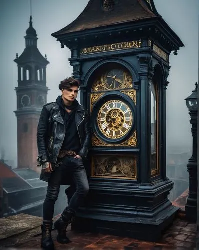 Surrealistic scenery, mysterious atmosphere, old antique clock tower, intricate clock mechanisms, gears, Roman numerals, golden hour, warm lighting, steam punk style, detailed tattoos on skin, colorfu