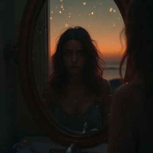 a woman looks in the mirror as the sun sets,in the mirror,mirror,the mirror,reflects,marylou,magic mirror,Photography,Artistic Photography,Artistic Photography 03