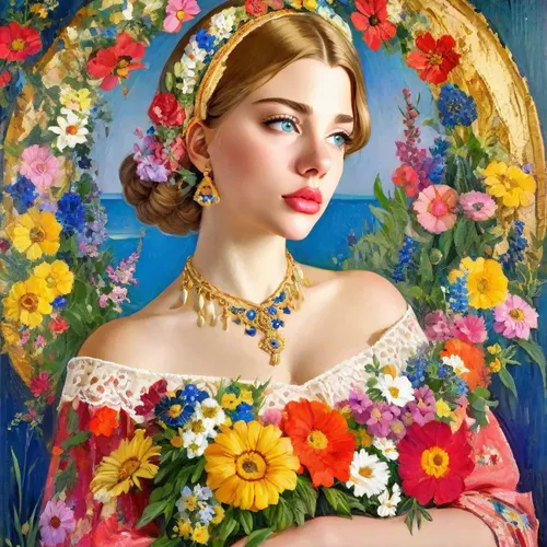 Young girl. On the head is a wreath with bright wildflowers. Image in the style of Boris Kustodiev. Impasto multi-layer painting technique.,girl in flowers,beautiful girl with flowers,girl in a wreath