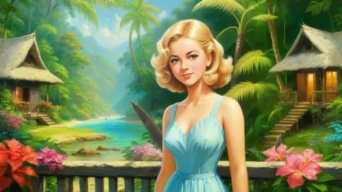 Romantic masterpiece oil painting, cute girl portrait, nostalgic 1950's style kitsch, vibrant rainforest bungalow landscape, lush tropical jungle paradise, summer beach scenery, by Thomas Kinkade, by 