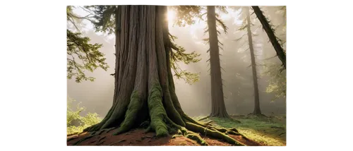 Large cedar tree, sprawling branches, dense foliage, rough brown trunk, roots spreading wide, morning mist, warm golden sunlight, 3/4 composition, shallow depth of field, cinematic lighting, natural a