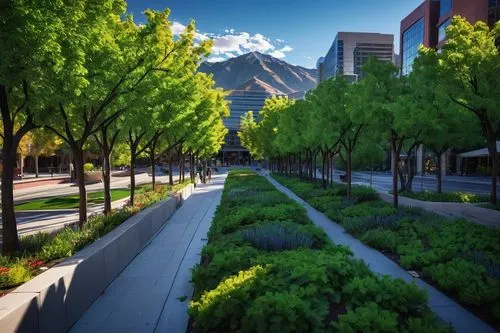 Salt Lake City, Utah, urban landscape, modern architecture, sleek skyscrapers, glass facades, steel frames, bustling streets, pedestrian walkways, vibrant street art, unique sculptures, lush greenery,