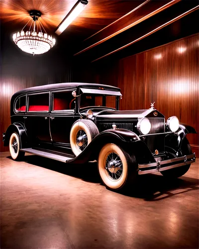 Vintage limousine, 1920s style, black body, chrome bumpers, luxurious interior, velvet seats, wooden paneling, antique headlights, classic wheels, soft spotlight, low-angle shot, cinematic composition