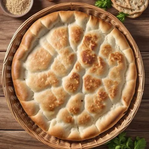 flat bread in a basket,baked dinner in a bamboo dish with bread and salt,burek,khachapuri,kruszewski,banitsa,focaccia,yellow leaf pie,Photography,General,Realistic