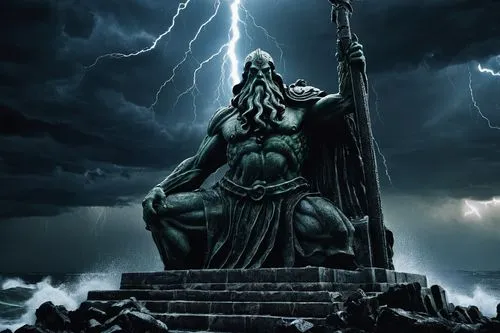 Cthulhu, Greek god Zeus, epic battle, dark mysterious sea, ancient ruined city, massive stone pillars, destroyed temple, thunderstorm, lightning bolts, torrential rain, fierce winds, Cthulhu's tentacl