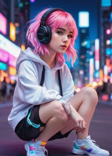 neon,headphone,neon colors,headphones,listening to music,neon candies,cyberpunk,color pink,synth,pink hair,punk,muzik,music background,anime girl,electropop,owsla,neopolitan,aesthetic,bright pink,neons,Conceptual Art,Fantasy,Fantasy 17