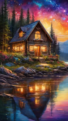 the cabin in the mountains,house with lake,summer cottage,home landscape,cottage,house by the water,house in mountains,log cabin,landscape background,log home,house in the mountains,small cabin,lonely house,beautiful home,house in the forest,fisherman's house,fantasy picture,cabin,house painting,starry night,Photography,General,Commercial