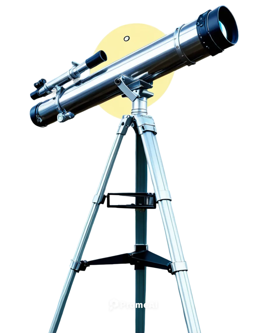 Telescope, astronomical instrument, metal body, silver finish, detailed knobs, lenses, tripod stand, night sky background, stars shining, moon glowing, celestial objects in viewfinder, low-angle shot,