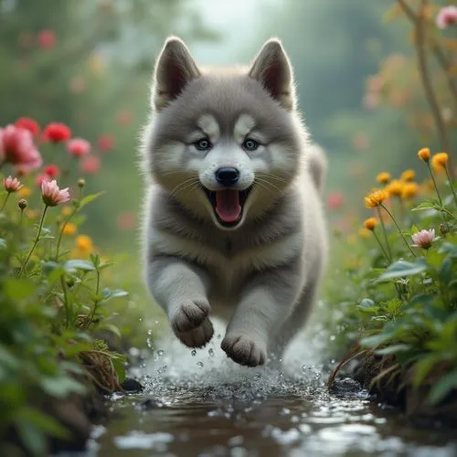 cheerful dog,malamute,siberian husky,cute puppy,dog in the water,dog running