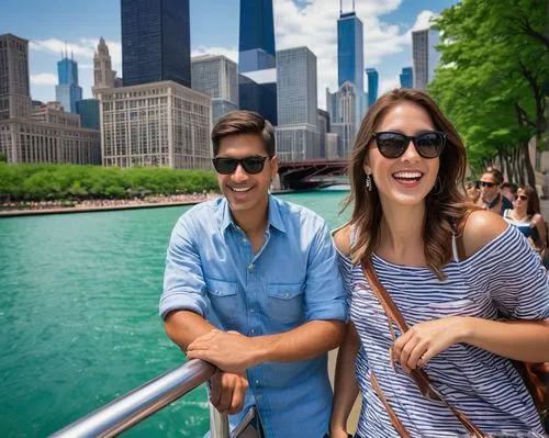 Chicago Architecture Foundation River Cruise, daytime, sunny weather, calm Lake Michigan waters, sleek modern speedboat, tourists wearing casual summer clothing, sunglasses, holding cameras, excited e