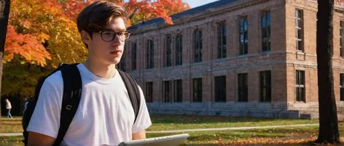 Cornell University Masters of Architecture student, 25yo, male, glasses, short hair, casual clothing, jeans, white shirt, sneakers, backpack, laptop, holding architectural model, standing, Cornell Uni