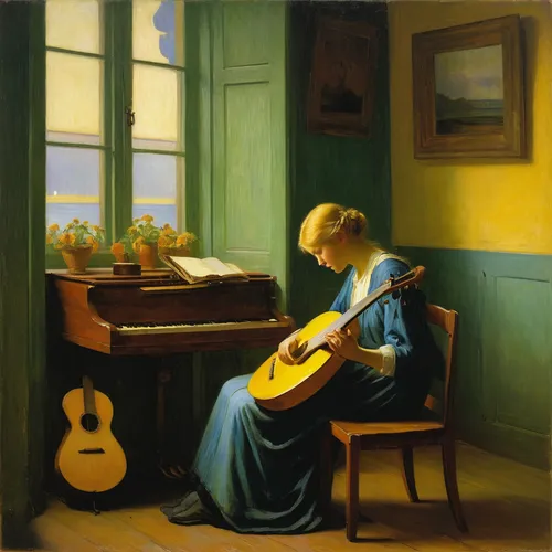 woman playing,classical guitar,woman playing violin,serenade,girl studying,violin woman,musician,concerto for piano,balalaika,playing room,clavichord,string instrument,art bard,stringed instrument,cavaquinho,itinerant musician,composing,guitar,harpist,woman sitting,Art,Classical Oil Painting,Classical Oil Painting 20