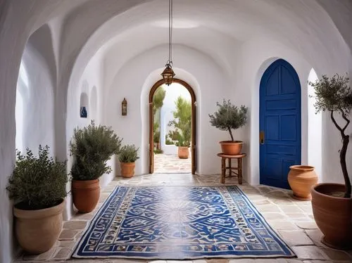 Mediterranean Greek interior, traditional Cycladic architecture, whitewashed walls, blue-domed church, rustic wooden furniture, ornate gold accents, colorful ceramic vases, intricately patterned rugs,