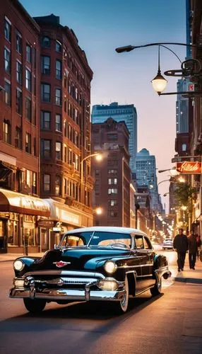 Street rod, American-style, 1950s-inspired, sleek black body, chrome-plated exhaust pipes, vintage headlights, curved rear fins, customized license plate, luxurious leather seats, wood-grain dashboard