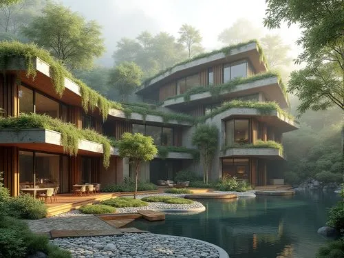 fallingwater,asian architecture,forest house,ecotopia,shaoming,house in the forest,futuristic architecture,apartment complex,house in mountains,landscaped,house in the mountains,green living,ecovillages,residential,amanresorts,cubic house,futuristic landscape,apartment building,home landscape,greenforest,Photography,General,Realistic