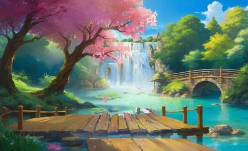 landscape background,fantasy landscape,river landscape,fantasy picture,cartoon video game background,springtime background,fairy world,japanese sakura background,spring background,scenic bridge,nature