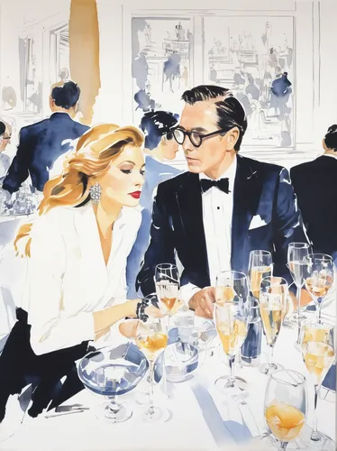 breakfast at tiffany's,roaring twenties couple,stemware,clue and white,twenties of the twentieth century,vintage man and woman,wedding glasses,champagne stemware,champagen flutes,vintage illustration,wedding banquet,roaring twenties,apéritif,dinner party,courtship,aperitif,dining,food and wine,fine dining restaurant,bistrot,Art,Artistic Painting,Artistic Painting 24