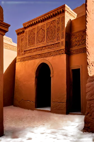 Desert dumur, ancient structure, sandy dunes background, intricate stone carvings, worn-out walls, mystical aura, warm sunlight, dramatic shadows, 3/4 composition, low-angle shot, cinematic lighting, 