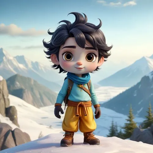 Standing on ice laden mountain top ,a cartoon style character wearing a blue jacket,cute cartoon character,tengger,konietzko,character animation,hiccup,auron,the spirit of the mountains,tseten,eidan,a