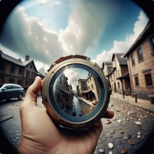 person holding camera lens in hand with cars on roadway,fisheye,lensball,magnifying lens,fish eye,photosphere,stereographic,Photography,General,Cinematic