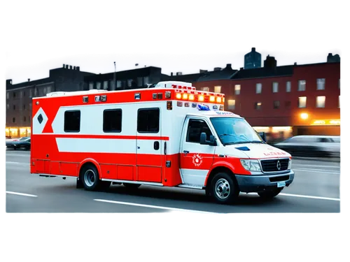 Emergency ambulance, red and white body, flashing lights, sirens blaring loud, shiny metal surface, wheels rotating fast, speeding down street, cityscape background, dynamic composition, high contrast