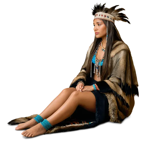 Native American woman, traditional headdress, feathered accessories, braided long hair, warm skin tone, tribal tattoos, colorful beaded jewelry, animal fur cloak, sitting cross-legged, earthy surround