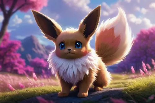 Eevee, Pokémon, official art, cute expression, blue eyes, fluffy fur, white chest, pink ears, bushy tail, standing pose, front view, vibrant colors, detailed texture, soft lighting, fantasy background