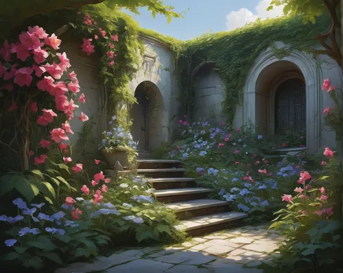 dandelion hall,fantasy landscape,flower booth,idyll,violet evergarden,way of the roses,tunnel of plants,hall of the fallen,ancient house,the threshold of the house,hydrangeas,flower shop,flower garden,summer flowers,floral greeting,witch's house,spring garden,flower stand,fantasy picture,flower box,Conceptual Art,Fantasy,Fantasy 12