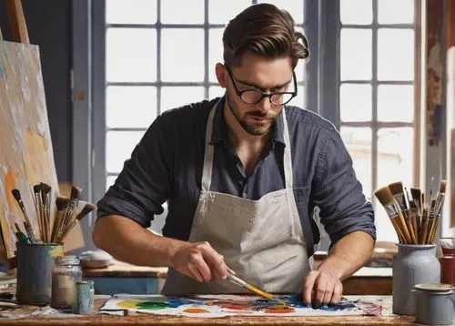 Coby Whitmore, illustrator, male, 30s, bespectacled, messy brown hair, casual wear, paint-stained apron, holding a brush, standing, studio, wooden desk, paint tubes, paper sheets, creative clutter, wa