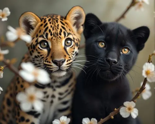 photorealistic, leopard portrait, panther portrait, white flowers, cherry tree, natural light, baby leopard and baby black panther, amber eyes,two black and a leopard looking at soing off camera,leopa