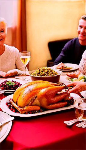 Family gathering, Thanksgiving dinner scene, roasted turkey, mashed potatoes, stuffing, cranberry sauce, pumpkin pie, autumn leaves, warm lighting, soft focus, shallow depth of field, golden hour, 3/4