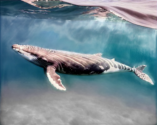 Whale, ocean creature, swimming, blue-green water, sunlight filtering through waves, white belly, gray back, fins up, blowing airhole, foam surrounding body, 3/4 composition, shallow depth of field, w