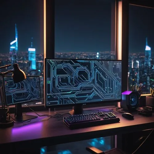 Arm architecture wiki, tech background, futuristic ambiance, neon lights, coding screens, microchips, motherboards, wires, circuits, CPU diagrams, programming languages, GitHub interface, dark mode, m