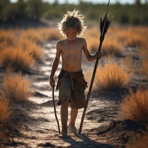 Shirtless sunburn barefoot filthy dirty angry young boy in the wild holding a spear with messy hair covered in sweat dirt and scars in bright sunshine in blazing heatwave sneaking around hunting in th