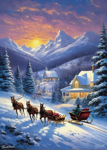 Sunday Evening Sleigh Ride painting - Thomas Kinkade Sunday Evening Sleigh Ride Art Print,christmas landscape,sleigh ride,christmas caravan,sleigh with reindeer,santa sleigh,christmas scene,santa clau