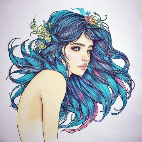 diwata,kommuna,watercolor mermaid,amphitrite,watercolor wreath,naiad,Illustration,Paper based,Paper Based 19