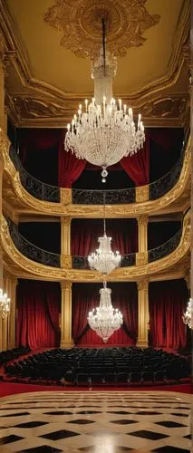 Grand opera house, luxurious interior, ornate chandeliers, red velvet curtains, golden decorations, marble floor, grand staircase, intricate moldings, Baroque style, high ceiling, dramatic lighting, s