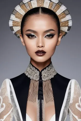 a woman is dressed in an elaborate headdress,derivable,nefertiti,ancient egyptian girl,headpieces,amidala,headpiece,Photography,Fashion Photography,Fashion Photography 26