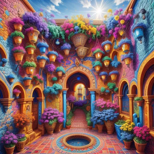 fairy village,3d fantasy,fantasy picture,fantasy art,fairy tale castle,fantasy city,fantasy world,fairy world,colored pencil background,courtyard,colorful city,wishing well,dandelion hall,portal,flowerful desert,fantasy landscape,splendor of flowers,flower booth,gaudí,harmony of color