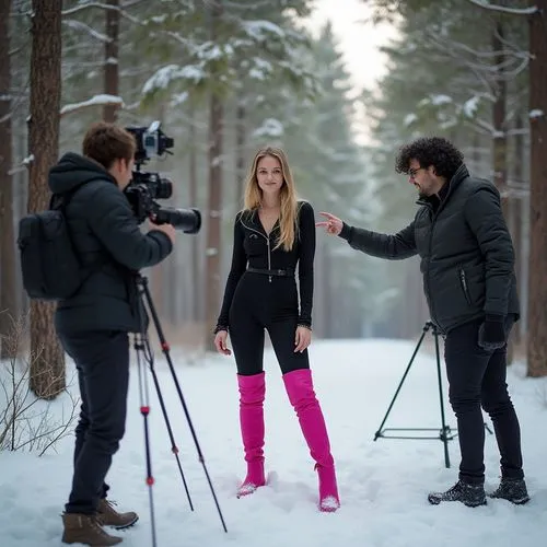 In the scene of a photography shoot in a wintry forest, the setting features a snowy landscape surrounded by tall, evergreen pine trees, providing a serene backdrop for the shoot. The photographer, eq